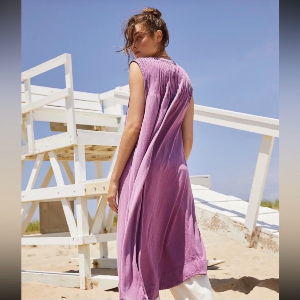 Free People Pintucked Maxi Dress Pleated Button Up Side Slits Knit Pink SzS
